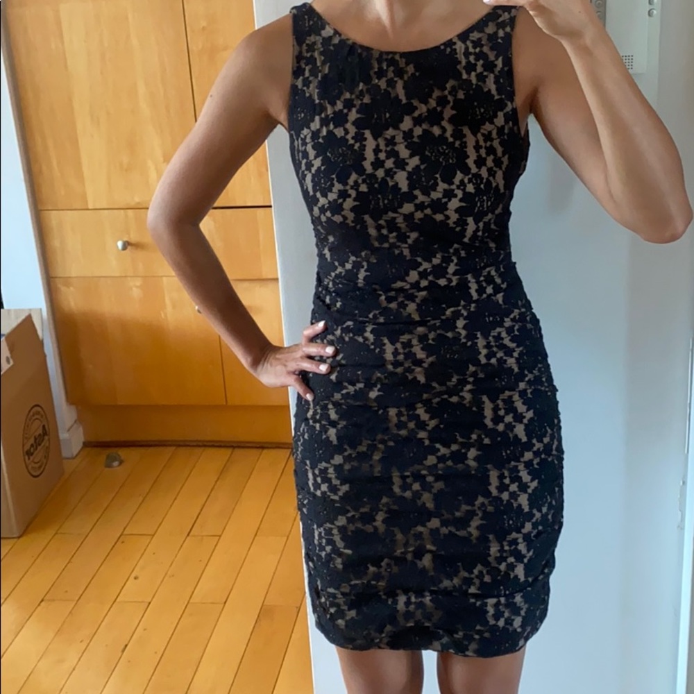 Form Fitting Black Lace Dress with Ruching